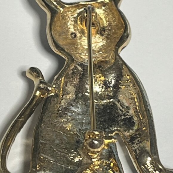 VTG Black Enamel Gold Toned Cat Kitten Brooch Pin Green Eyes 1.5" - Picture 4 of 9